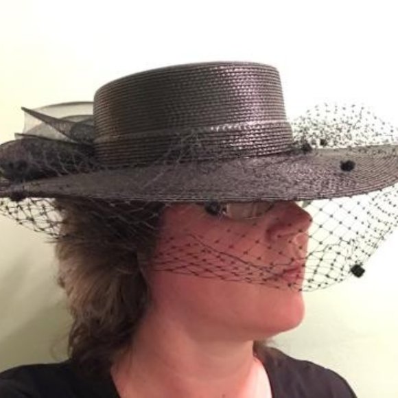 Black woven Kentucky Derby hat with flocked netting and black fascinator bow main image 13